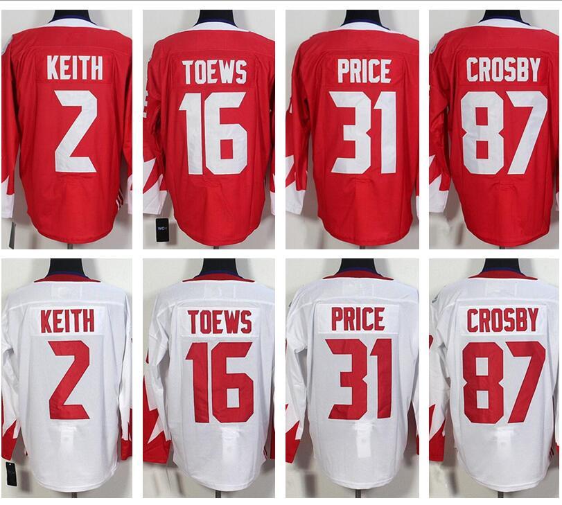 

2016 WCH World Cup Team National Hockey Jerseys Red White 16 Jonathan Toews 2 Duncan Keith 31 Carey Price 28 Claude Giroux 87 Sidney Crosby, Red;tell us which player