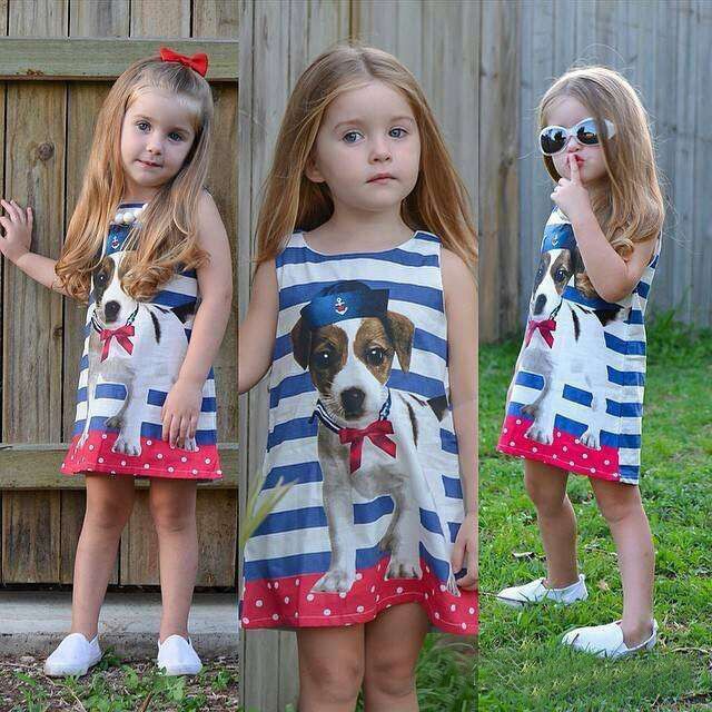 

New Europe Fashion Girls Cartoon Dress Kids Stripe Cute Dog Printed Sleeveless Vest Dress Children Tank Tops Casual Sundress Child Clothing, As the picture