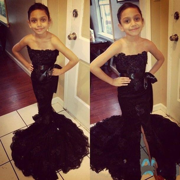 

hot sale Sexy Girls Pageant Dresses Strapless Appliques Front Split Long Train Black Girls Prom Party Dress Flower Girls Gowns For Teens, Hunter