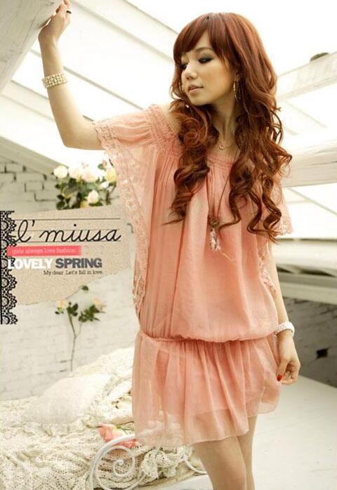 

Hot Womens Sexy Slash Neck Chiffon Dress Short Sleeve Slim Waist Lace Cuff Long Tops Mini Casual Dress Pink
