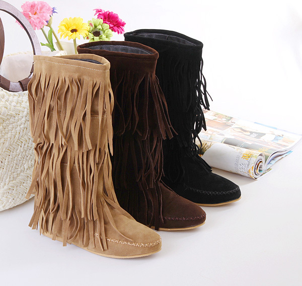 Autumn Winter Snow Boots For Women Three Layer Fringe Tassels Flat Heel Ladies Mid-Calf Shoes Warm Fashion