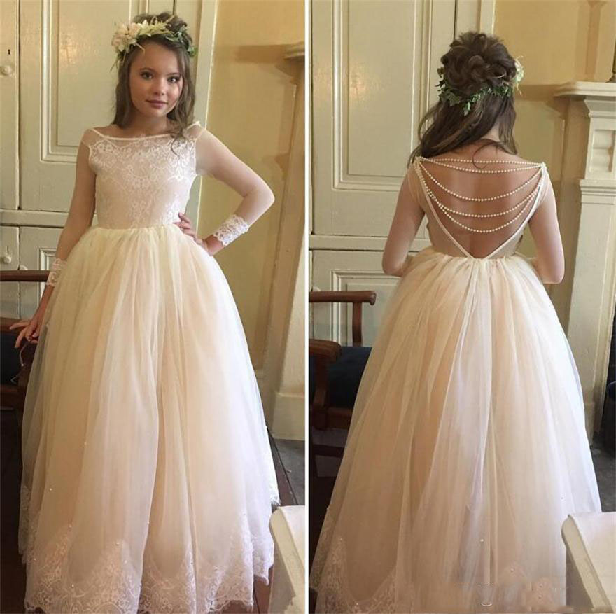 

Soft Tulle Sheer Long Sleeve Flower Girl Dresses Sexy Backless With Beading Chain Girls Pageant Gowns A Line Floor Length Children Gowns, Black