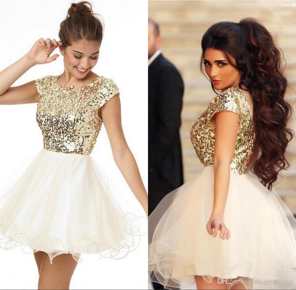 

8th Grade Prom Homecoming Dresses Under 100 A Line White And Gold Sequins Short Party Gowns For Girls Short Prom Dress Custom Made, Ivory