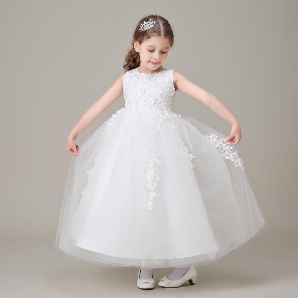 

vestidos de daminha White Princess Tulle Lace Beaded Ball Gown Long Flower Girls Dresses For Weddings 2015 Kids Birthday Party Dresses