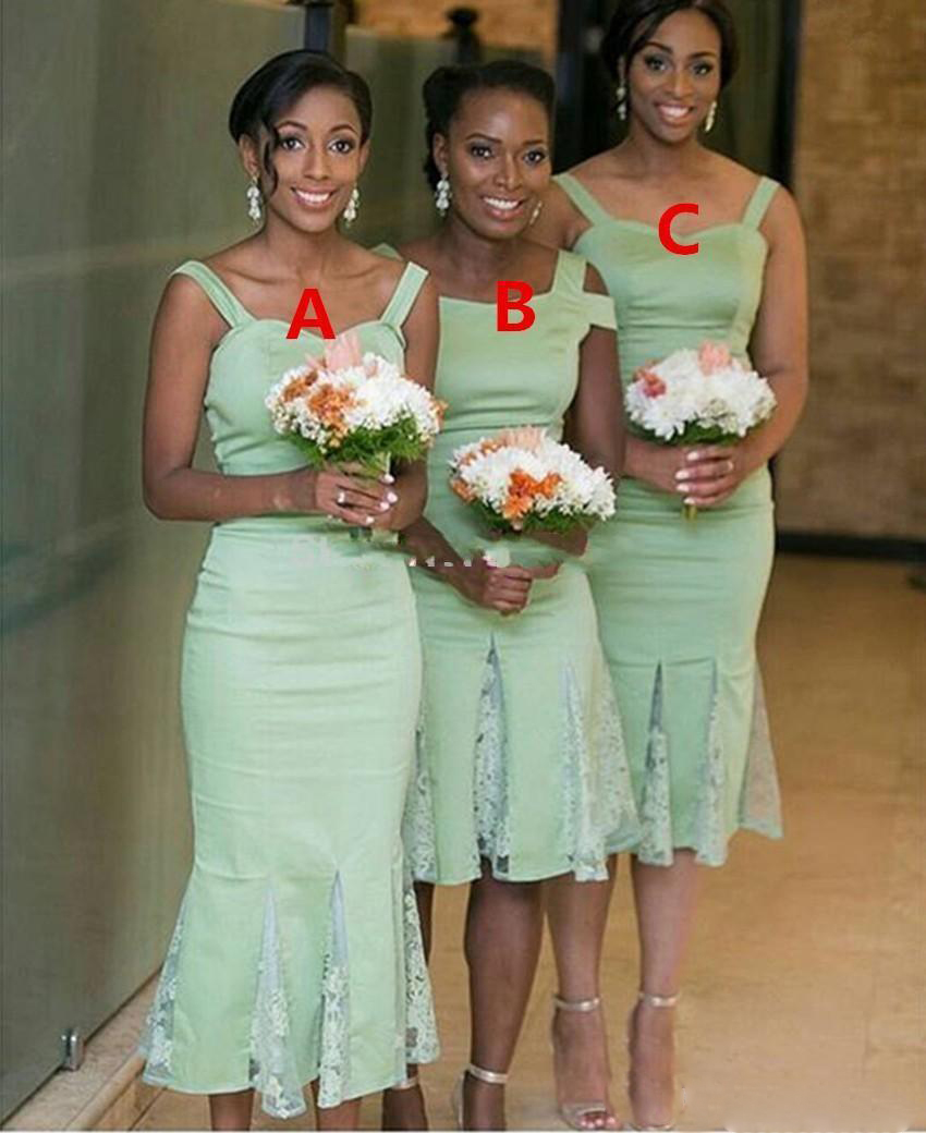 

African Sage Green Spaghetti Bridesmaid Dresses Three Style Sheath Bridesmaid Gowns With Lace Knee Length Women Cheap Prom Party Dresses