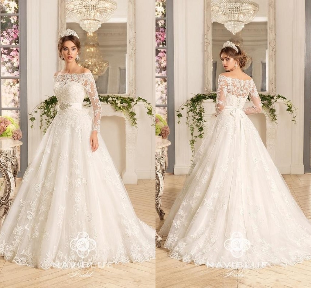 

2017 New Modern Cheap Wedding Dresses A Line Off Shoulder Long Sleeves Lace Appliques Sweep Train Button Back Sashes Plus Size Bridal Gowns, White
