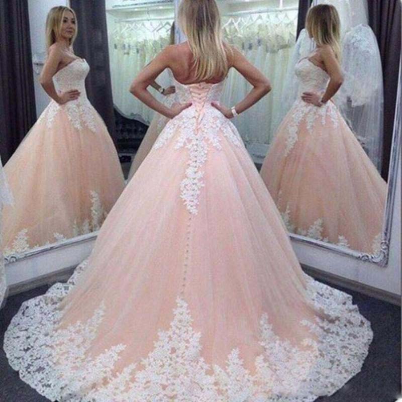 

Light Pink Wedding Dresses A Line Lace Corset Back Ball Gown Bridal Gowns With Court Train Plus Size Vestido De Noiva, Champagne