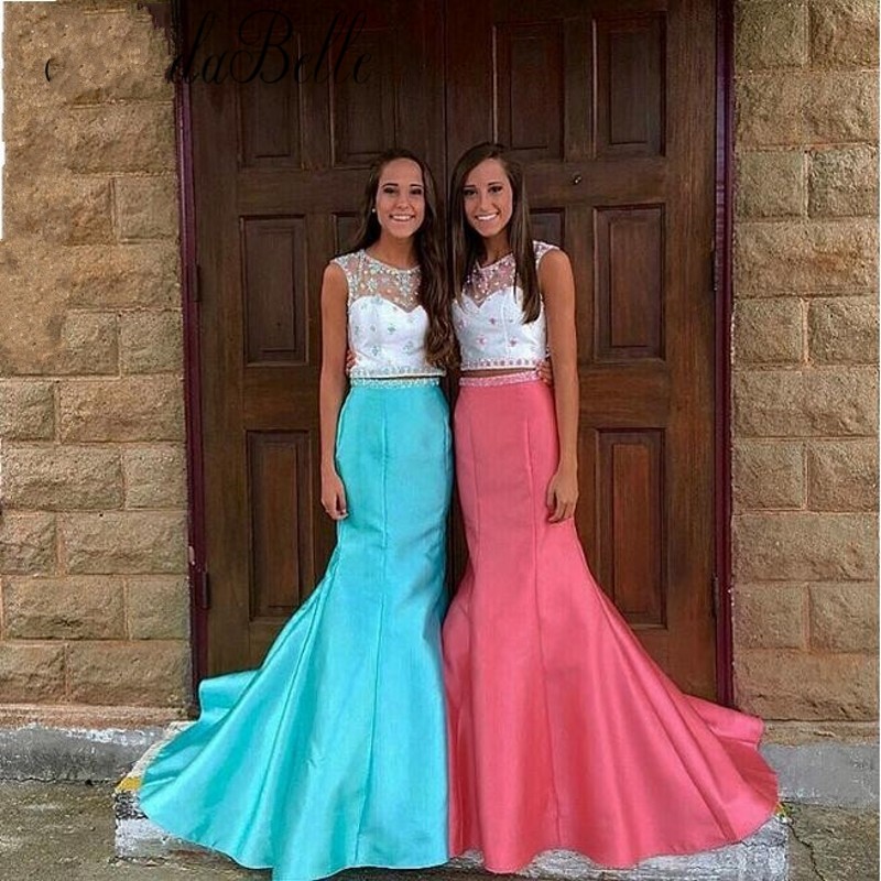 

2016 Water Melon Mermaid Girl Prom Dresses Robe de Soiree Made in China Sheer Neck Beaded Two Piece Formal Evening Party Gowns, Purple