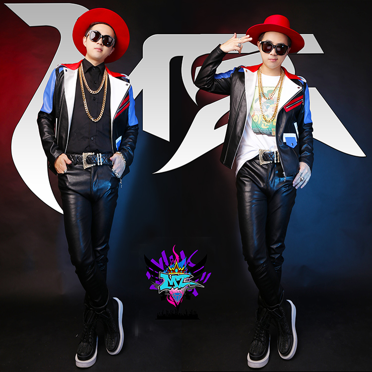 Fall-MZ original male singer male DJ bigbang rights Zhi-Long GD costumes Men's red and blue stitching leather motorcycle jacket