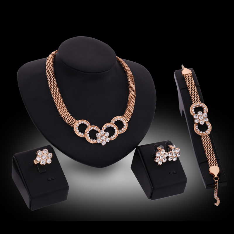 

Bracelets Necklaces Earrings Rings Jewelry Sets Exquisite Fashion Rhinestone 18K Gold Plated Alloy Circles/Flowers Wedding 4-Piece Set JS171