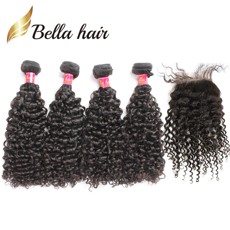 

Brazilian Curly Hair 4 Bundles With Closure Natural Color Weave Black Extensions Bella Hair 5PCS/Lot