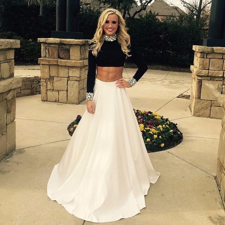 

White and Black Two peice Long Prom Dresses high Neckline beaded Puffy A Line Long Sleeve Formal party Evening Gowns, Green
