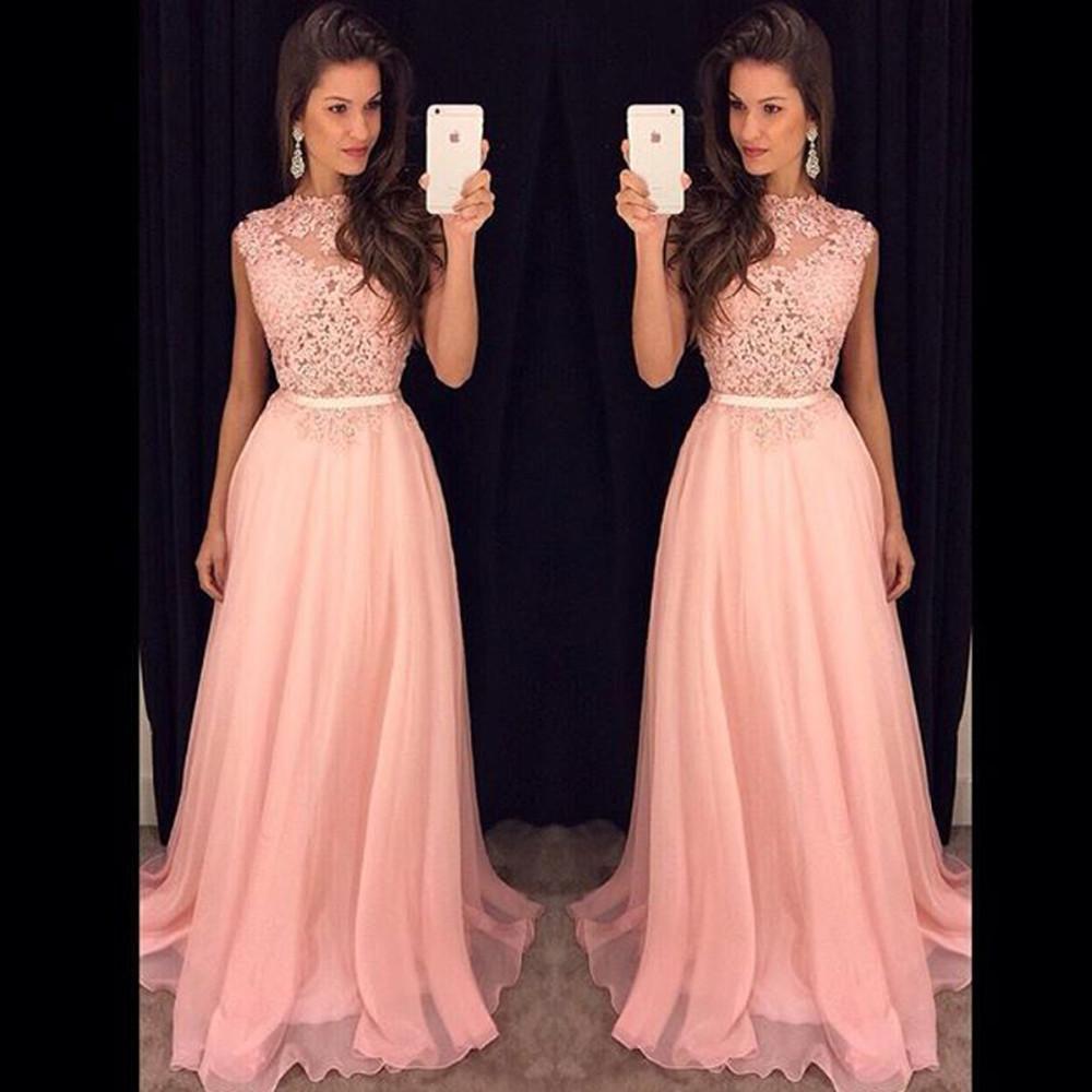 2021 Fancy New Pink Chiffon Long Prom Dresses Illusion Lace Top Flow Chiffon Floor Length Evening Vestidos De Fiesta Party Dresses with Belt