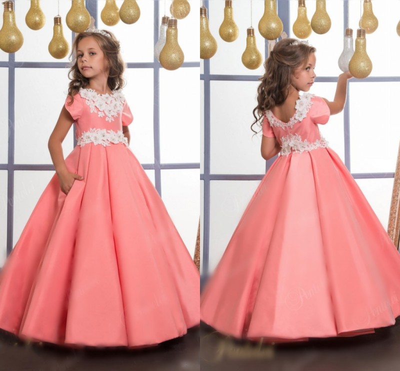 

Arabic Lace Appliques Flower Girl Dresses Satin Water Melon Child Dresses Beautiful baby Girl Wedding pageant gowns custom made, Pink