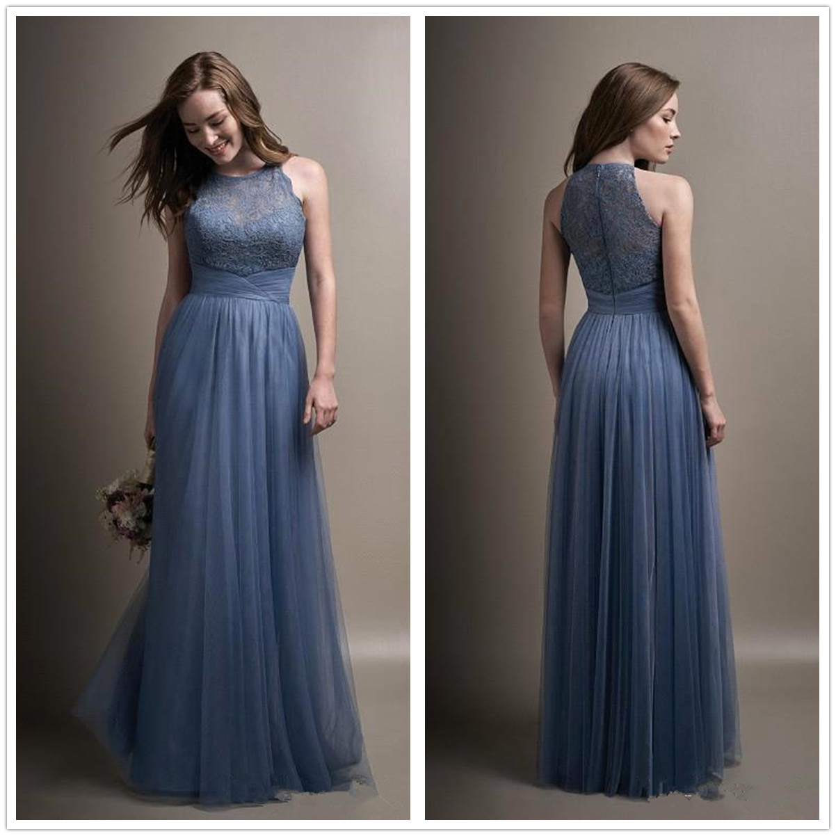 

2018 New Dusty Blue Tulle Long Bridesmaid Dresses Crew Neck Lace Ruffle Floor Length Party Evening Prom Dresses BA7433