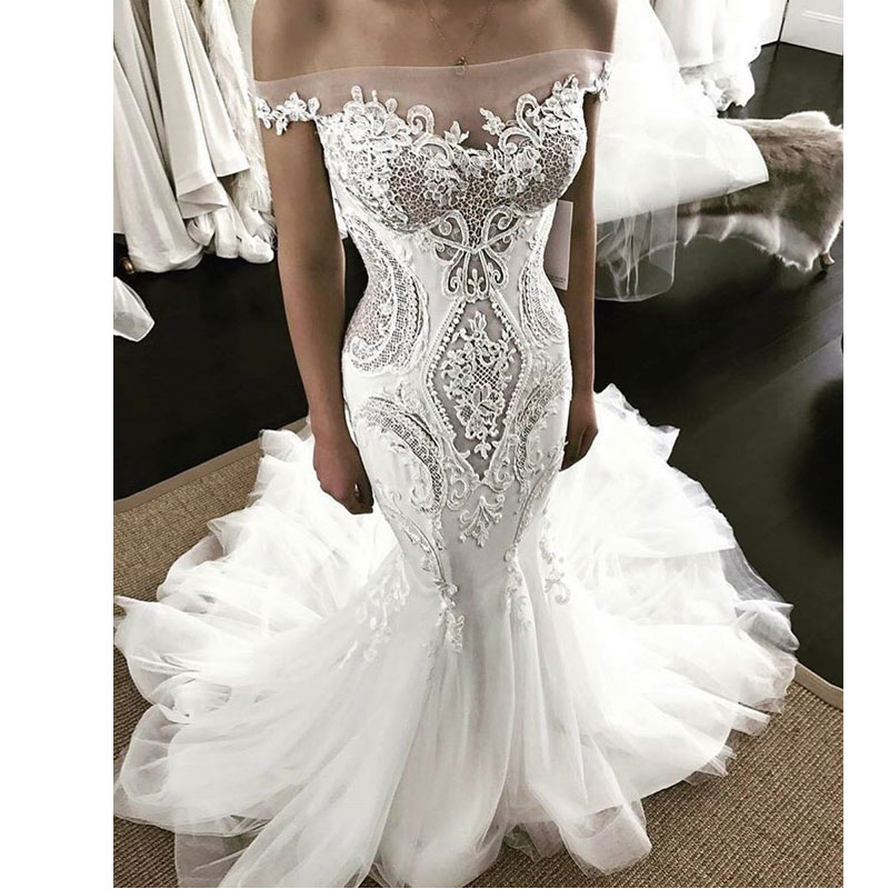 

Elegant Mermaid Lace Wedding Dresses Sheer Off The Shoulder Bridal Gowns Applique Cheap Trumpet Tulle Wedding Dress, Silver