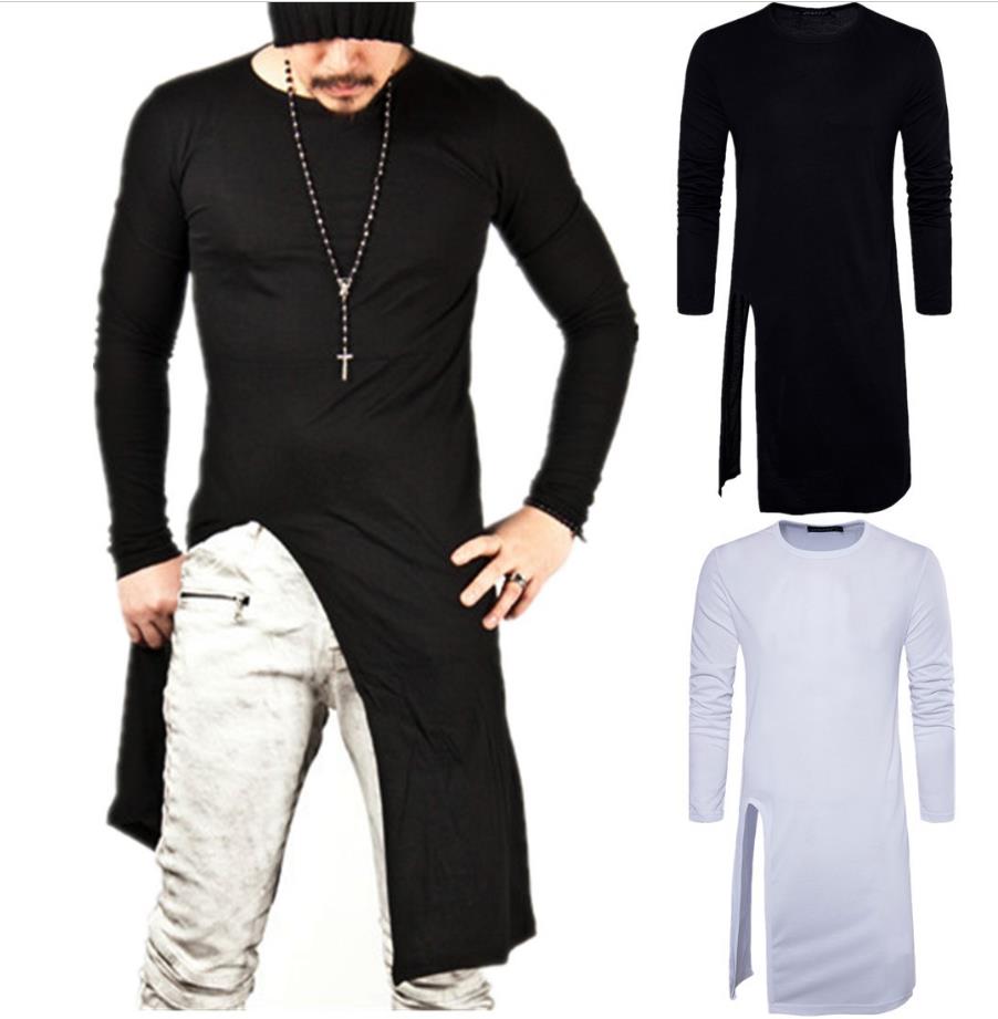 

Long T-Shirt Man 2018 Split Design Solid Color Men Long Tshirts Free Shipping Long Sleeve O Neck Cotton Men Sport T Shirts Hip Pop 2017, White