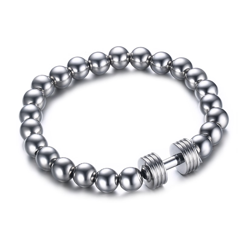 

Mens Stainless Steel Silver Dumbbell Charm Bracelet with 8mm Beads Chain Fitness Jewelry Power Gym, Golden;silver