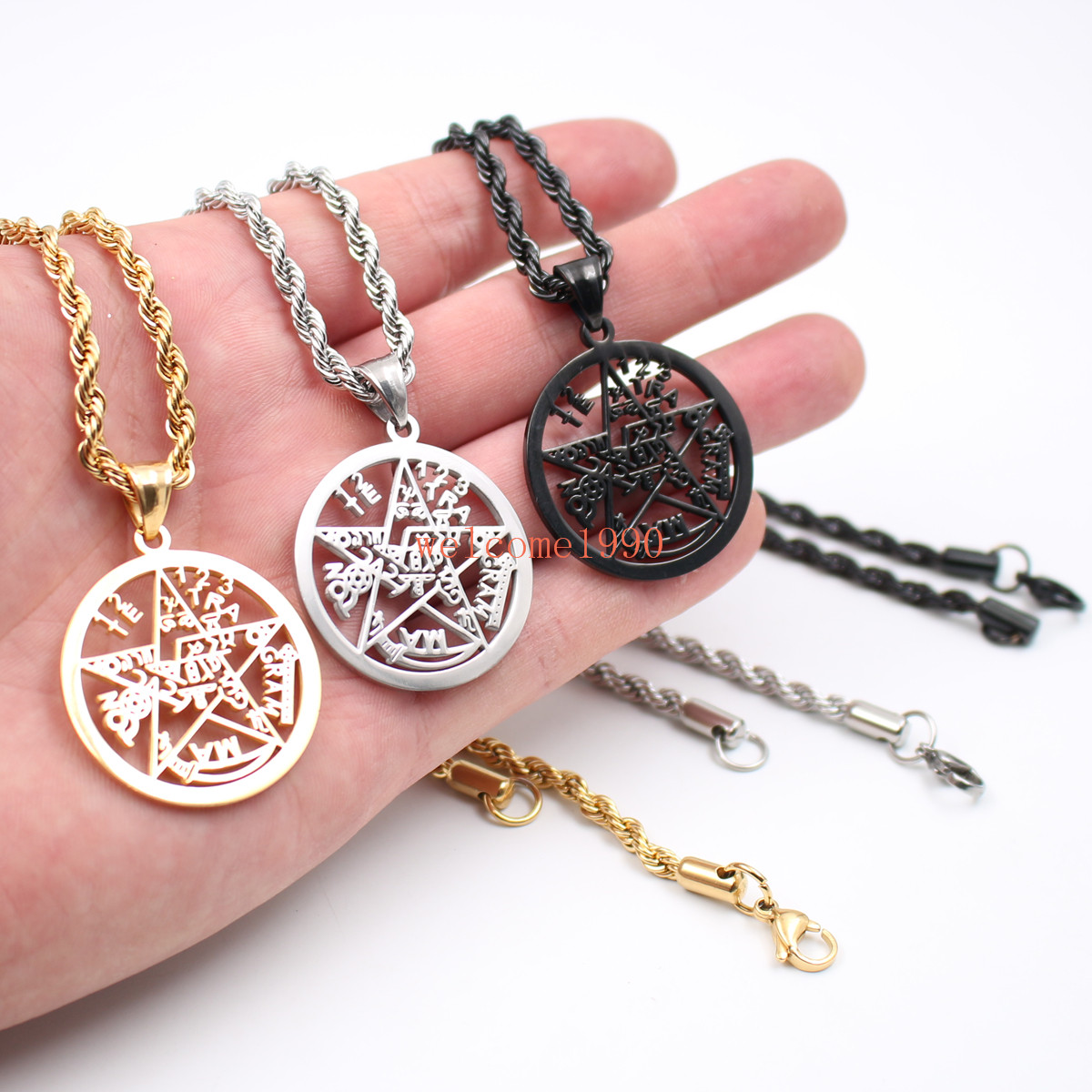 

2017 Hot selling Gold silver black Stainless Steel Men's 32mm Religious geometric JEWISH pentagram Wicca Pendant rope chain necklace 22 inch