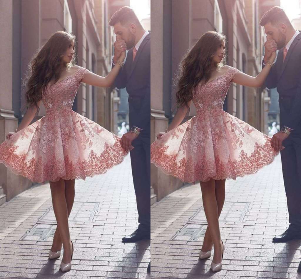 

Blush Pink Lace Short Prom Dresses 2017 Elegant Off Shoulder Appliques Knee Length Short Homecoming Dresses Evening Party Dresses, Light purple
