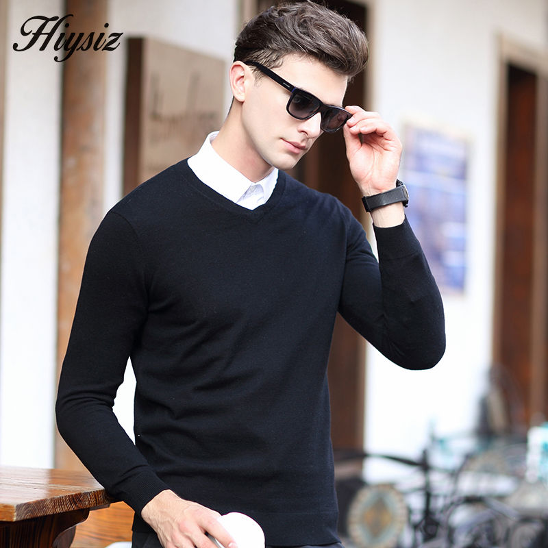 Wholesale-HS High Quality Winter Soft Warm Knitted Merino Wool Sweater Men 100% Real Cashmere Sweaters Pure Color V-Neck Pullover Men 6308