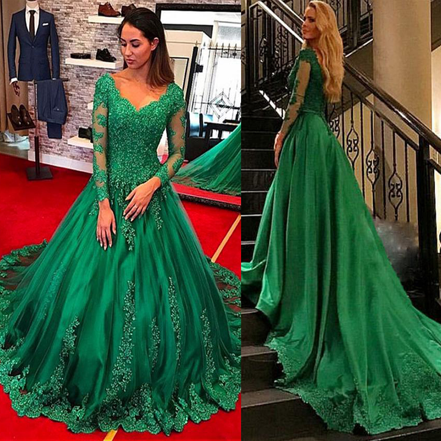 

NEW! Gorgeous Tulle V-neck Neckline Ball Gown Long Sleeves Evening Dresses With Beaded Lace Appliques & Belt Green Crystals Prom Gowns, Hunter