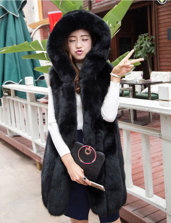 

High imitation fox fur fur fashion vertical striped hooded fur vest women long section Invisible pocket, White