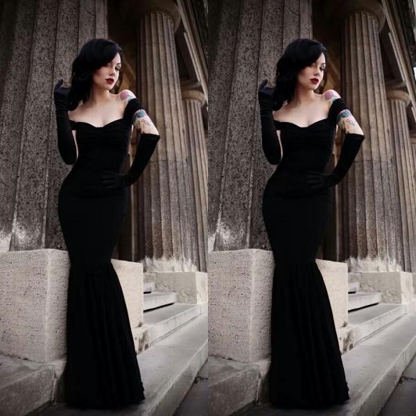 

Sexy Evening Velvet Dresses Fitted Mermaid Off the Shoulder Sleeveless Trumpet Floor Length Custom Made Cheap Black Prom Party Gowns Gothic, Ivory