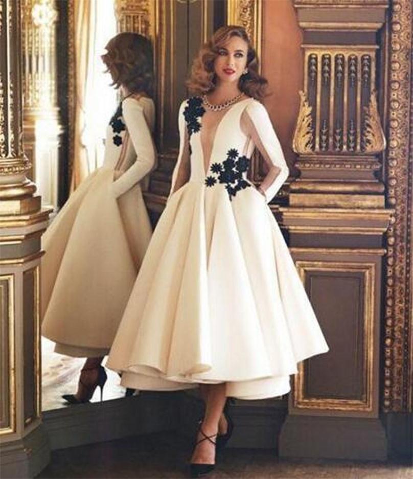 

Vintage Long Sleeves Evening Dresses With Sheer Neck Plunging Appliques Tea Length Prom Dress Sexy Arabic Vestidos Elegant Party Gowns, Green