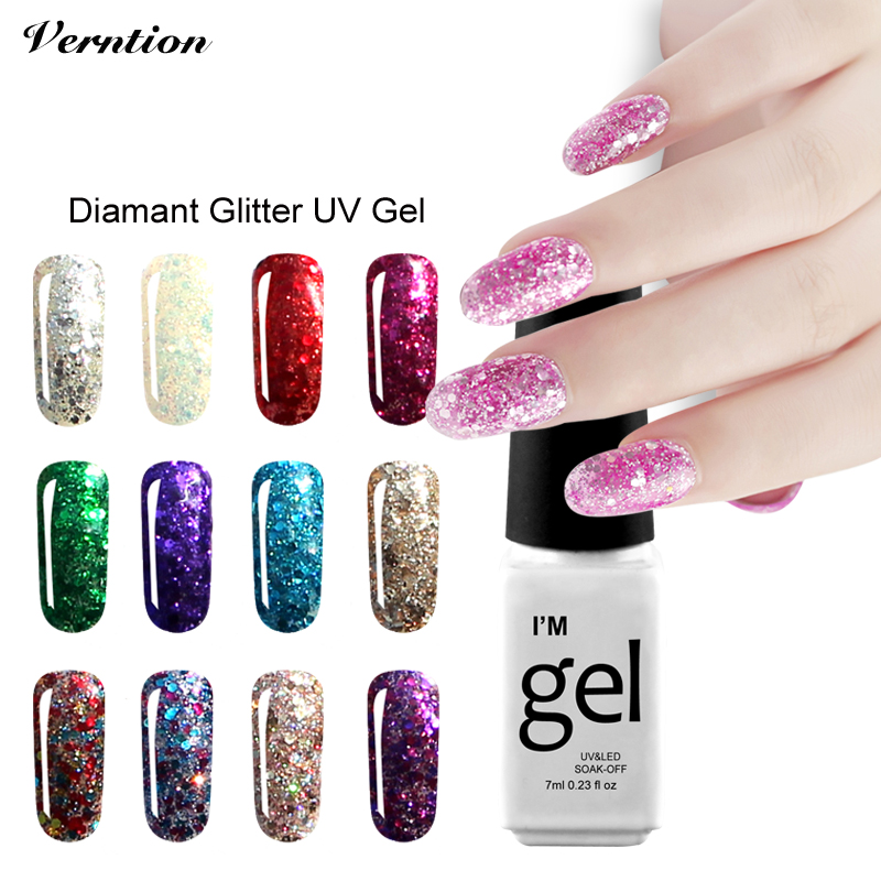 

Wholesale- Verntion Soak Off Gel Lacquer Hot Sale vernis semi permanent 3d Diamond lucky Color Gold Glitter UV Led Nail Gel Polish, 601