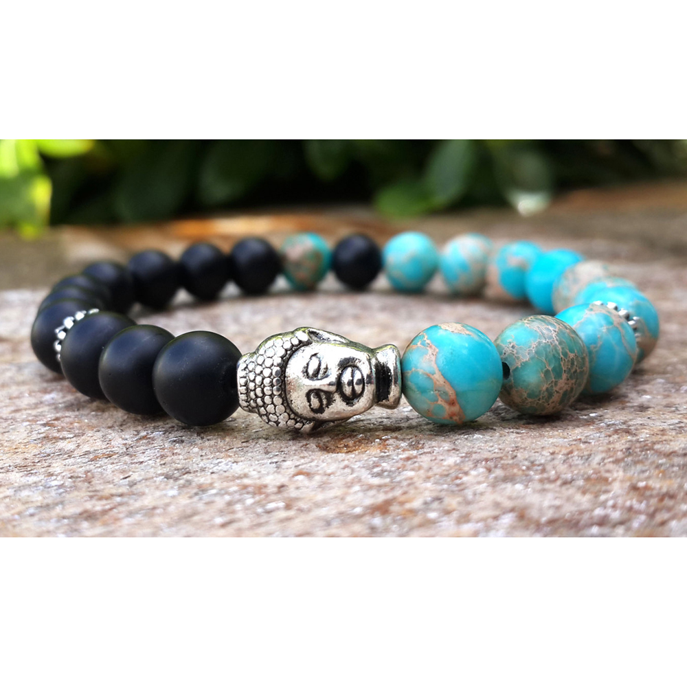 

Mens Buddha Mala Bracelet, Blue Sea Magnesite Jasper Black Onyx Bohemian Buddhist Prayer Protection Meditation Wrist Mala Men Bracelet