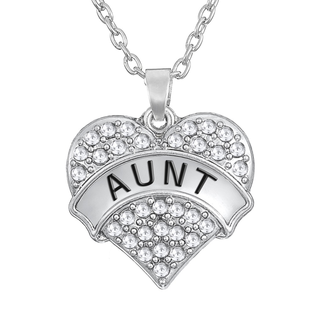 

Love Family Aunt Heart Rhinestone Necklace for Women Fashion Jewelry Silver Plated Simple Birthday Gifts