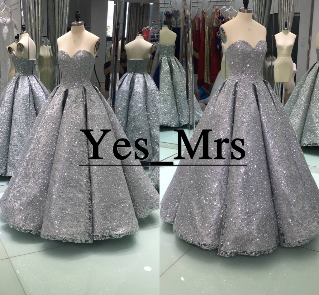 

2020 Sexy Real Image Prom Dresses Sweetheart Gray Gold Full Lace Bling Beaded Plus Size Ball Gown Party Floor Length Celebrity Evening Gowns