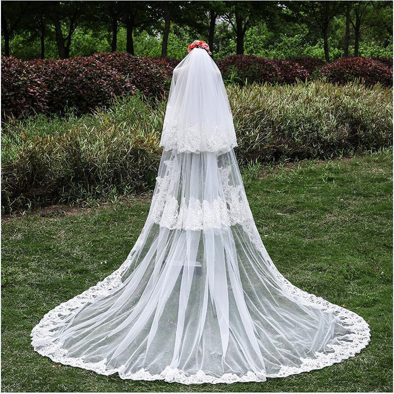 

New Soft Tulle Two Layer Sequin Lace Applique Edge With Comb Lvory White Wedding Veil Cathedral Bridal Veils Three Meters Long