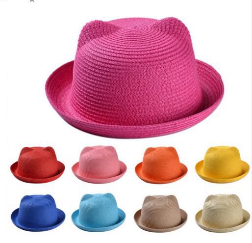 

Baby Straw Hat Summer Kids adult Cat Ear Decoration Lovely Beach Cap Sun Hat Solid Beach Hats 17 color KKA3091, Mix size