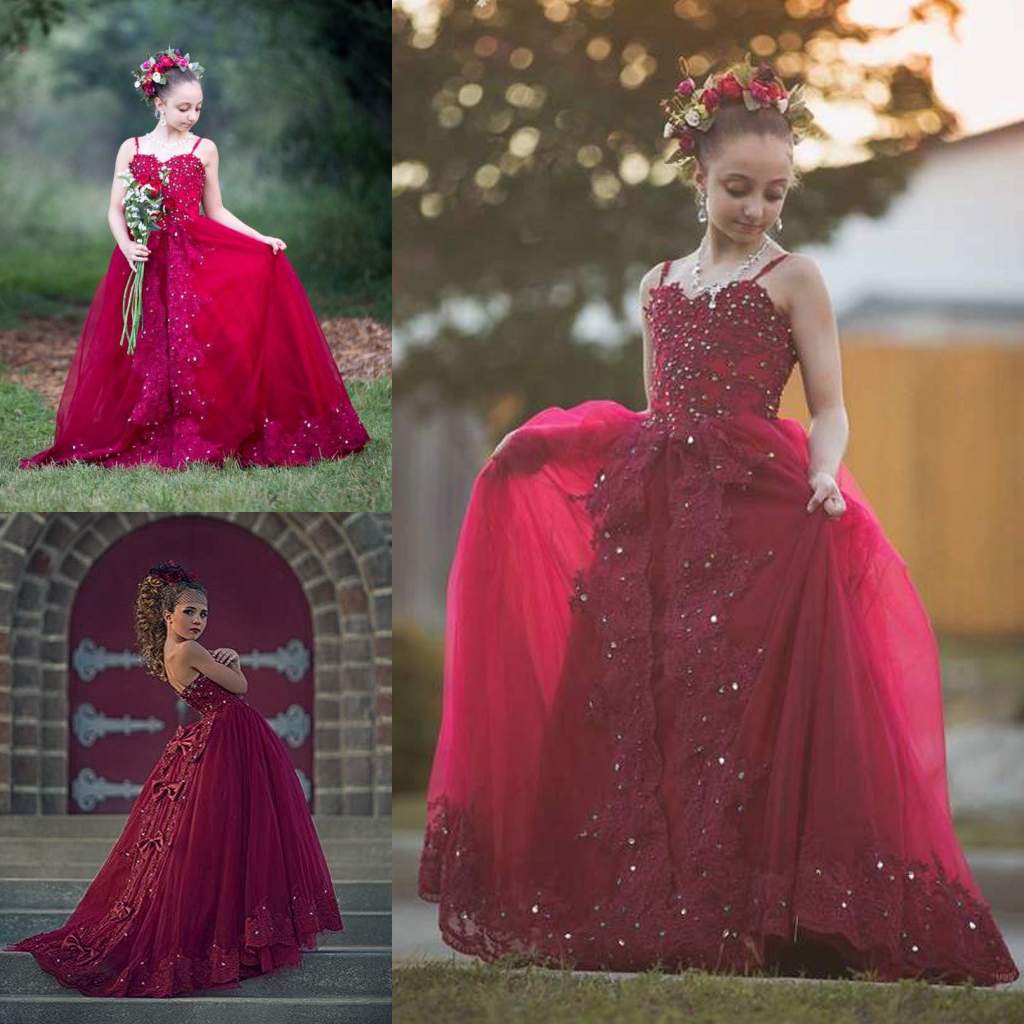 

High Quality Overskirt Flower Girls Dresses For Wedding Lace Pageant Gowns Floor Length Tulle Beaded Rhinestones First Communion Dress, Chocolate