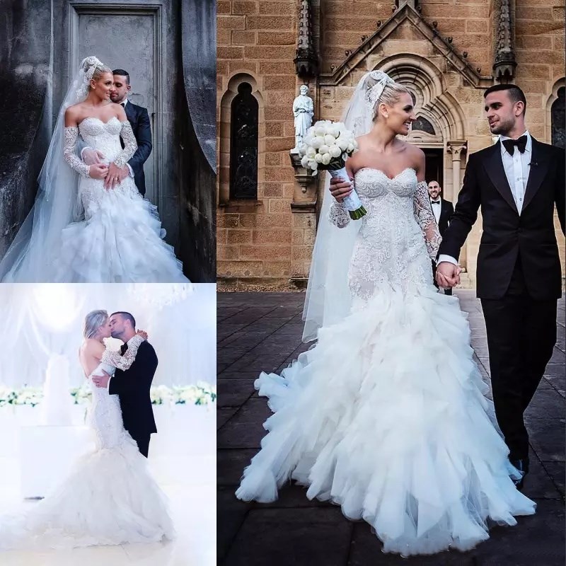 

Gorgeous Berta Mermaid Lace Wedding Dress Long Sleeves Sweetheart Neck Bridal Gowns Tiered Cathedral Sexy Wedding Dresses Vestidos De Noiva, White