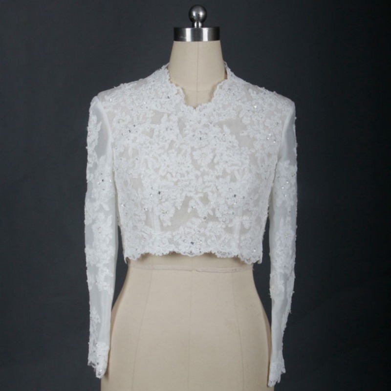 

Cheap Bridal Wraps Modest Alencon Lace Beads V Neck Sequins Wedding Bridal Bolero For Wedding Dresses Long Sleeve Lace Applique Jacket, Ivory