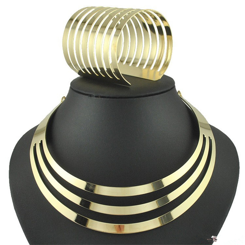 

European New South Africa Jewelry Set 18K Gold Plated Punk Club Choker Necklace & Cuff Bracelet for Women Exaggerated Statement Jewellery, Golden