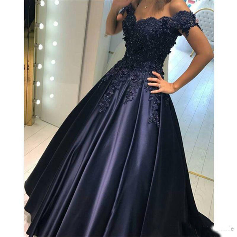 Dark Navy Off Shoulder Applique Lace Evening Gowns Ball Gown Sequined Satin Bridal Formal Party Wear Long Prom Gowns
