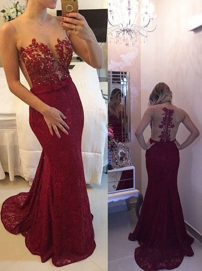 Sexy Maroon Prom Dresses Sheer Scoop Neck Sleeveless Appliques Lace Burgundy Beaded Mermaid Long Formal Cocktail Party Dress Evening-image-381166373