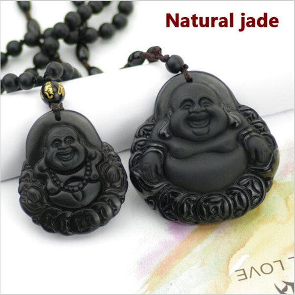 

NEW Natural Obsidian necklace Fashion black smile Maitreya Buddha pendant For women men Fine jade jewelry ornament Free rope