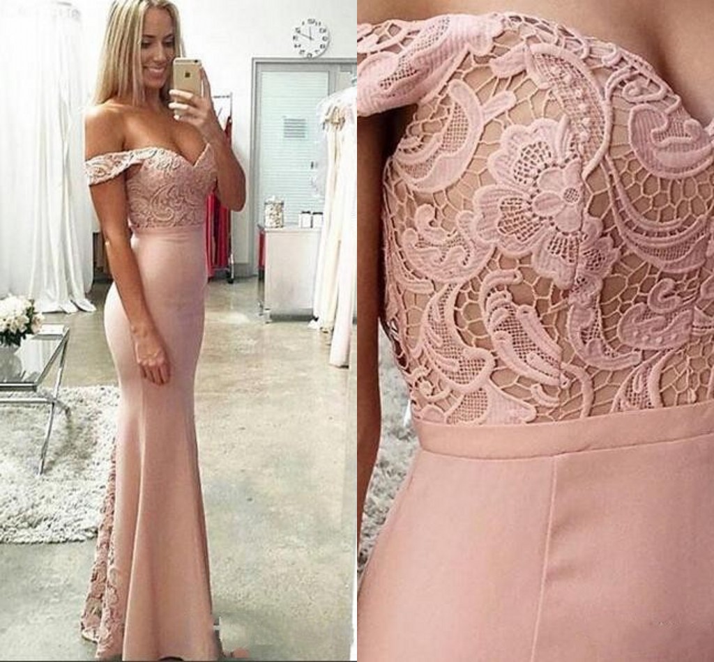 

Pink Mermaid Bridesmaid Dresses 2016 Sexy For Weddings Off Shoulder Lace Appliques Party Dress Floor Length Plus Size Maid of Honor Gowns
