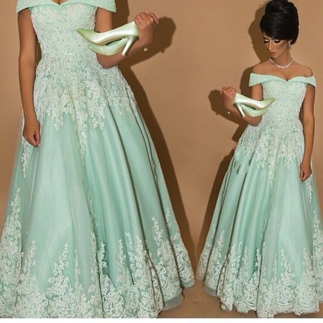 

Mint Green Off Shoulder Prom Dresses With White Lace Appliques Arabic A Line Party Gown Floor Length Fashion Design Cheap Formal Wear, Water melon