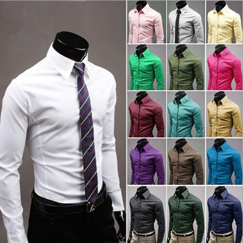 

Men Slim Fit Candy Colors Formal Smart Shirts Korean Style Blouse Tops Long Sleeve Shirts 17 Colors LJJO3233, As picture