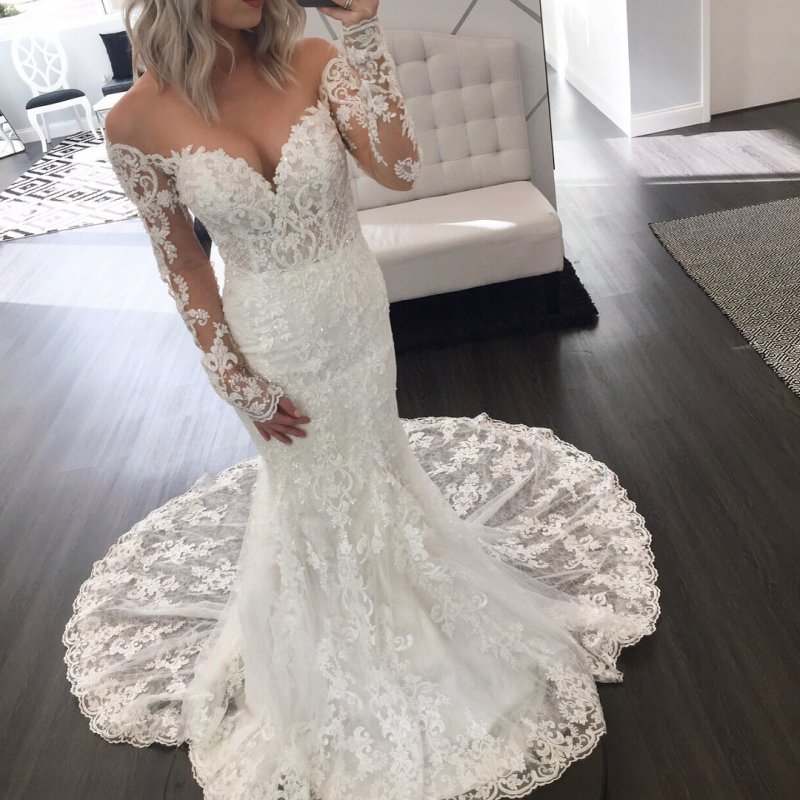 

Classy Mermaid Berta Lace Wedding Dresses With Long Sleeves Off The Shoulder Backless Bridal Gowns Beads Chapel Plus Size Vestidos De Nnovia, Red