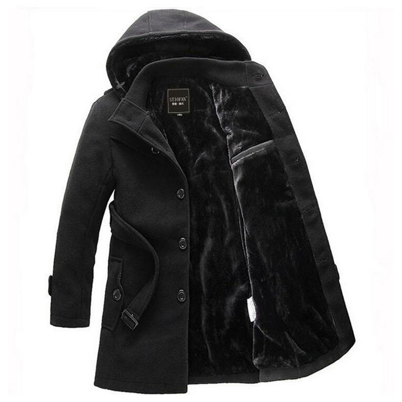 

Fall-2016 Men Thick Warm Winter Trench Coat Long Section Turn Down Collar Single breasted Solid Fashion Fleece Jacket Overcoat XXXL, Black