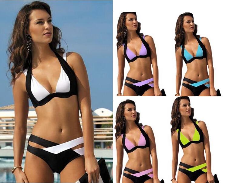 

2016 High Quality Women low Waisted Bathing Suits Slim whitte Black Push Up Chest Wrapped Halter Bikini, White