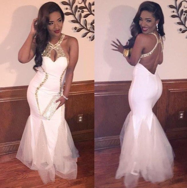 

White Mermaid Long Prom Dresses Backless Ruffles Tulle Rhinestone Sexy 2016 Women Pageant Evening Dress Custom Made Plus Size, Purple