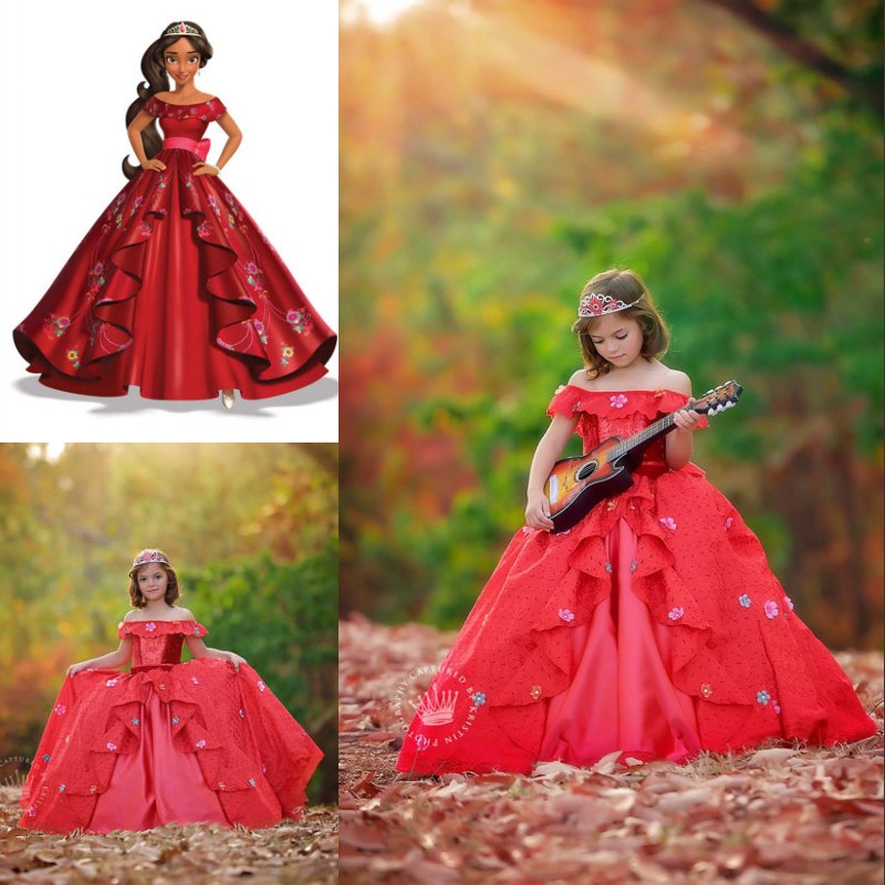

Red Off Shoulder Pageant Dress For Girls Floral Appliques Ball Gown Flower Girl Dress Princess Girl Birthday Dress Kids Wedding Formal Wear, Gold